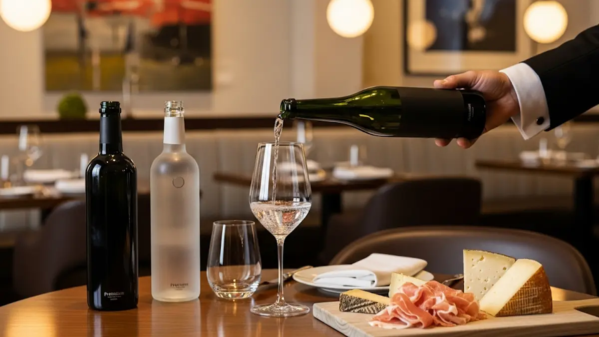 Sommelier versa acqua da una bottiglia di design in un calice da degustazione