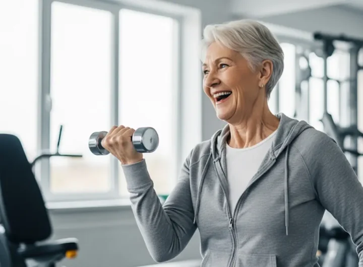 Un anziano in buona salute sta sollevando un peso leggero in una palestra