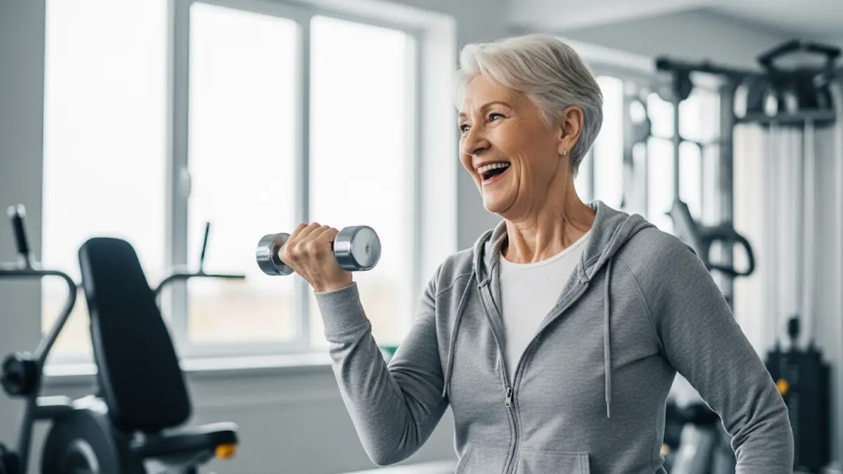 Un anziano in buona salute sta sollevando un peso leggero in una palestra