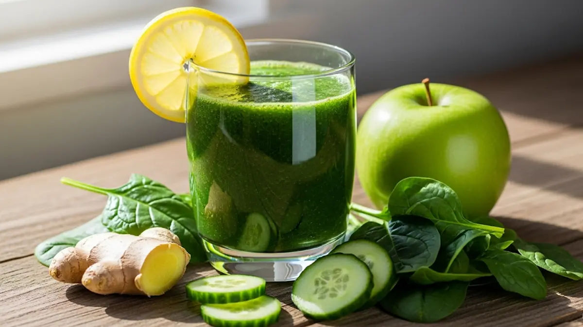 Un bicchiere di frullato detox verde brillante