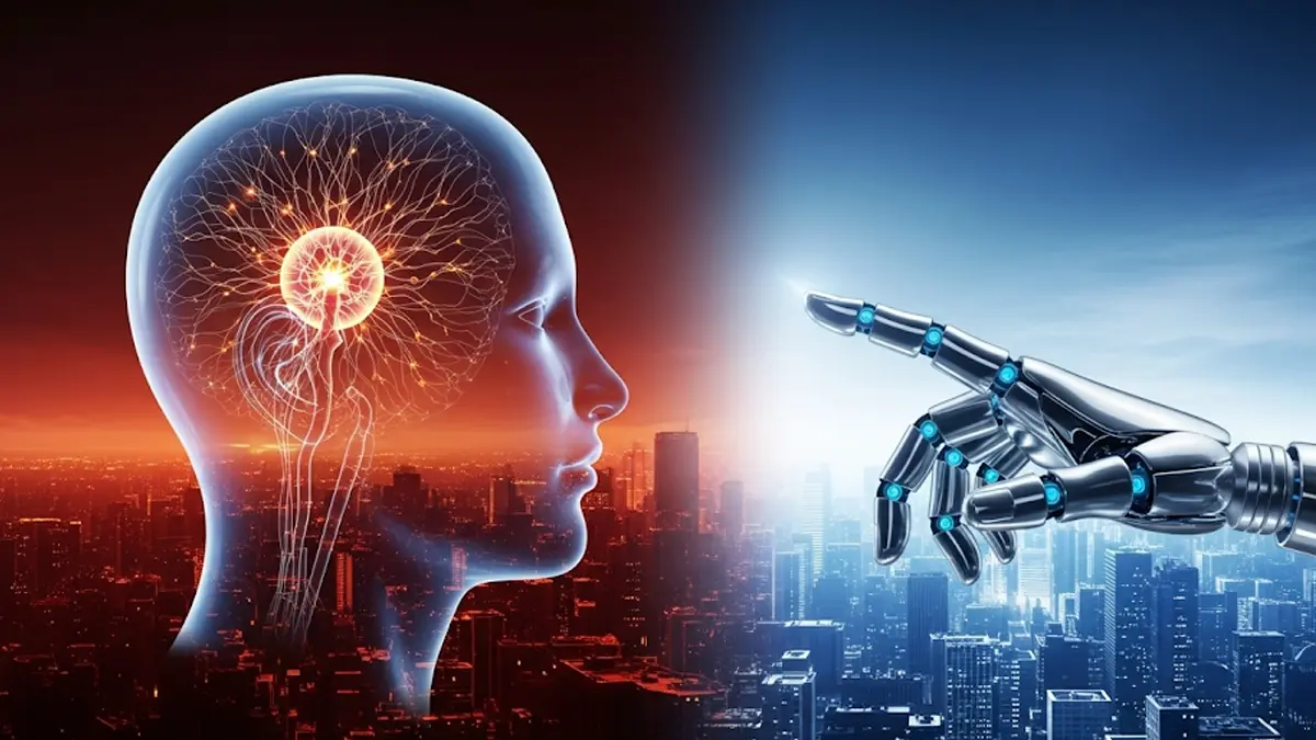 Un cervello umano stilizzato si fonde con circuiti digitali luminosi