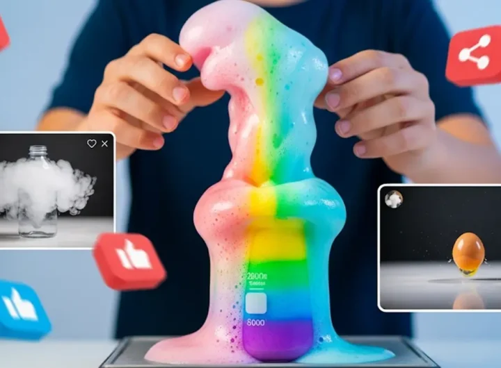 Un collage di immagini vivaci che mostrano diverse challenge scientifiche di TikTok