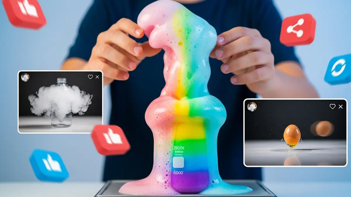 Un collage di immagini vivaci che mostrano diverse challenge scientifiche di TikTok