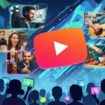 Un collage dinamico e colorato che unisce elementi iconici di YouTube