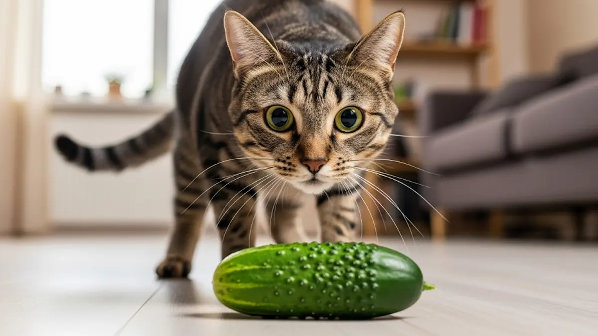 Un gatto soriano guarda con sospetto un cetriolo appoggiato su un pavimento di legno