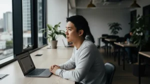 Un giovane asiatico sui 25 anni è seduto a una scrivania in un ufficio condiviso moderno e minimalista