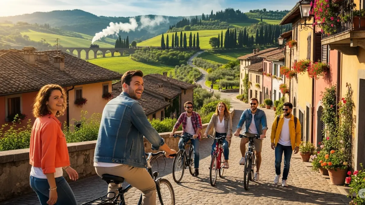 Un gruppo di amici sorridenti che esplorano un pittoresco villaggio europeo a piedi e in bicicletta