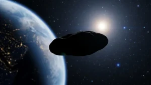 Un oggetto scuro e allungato viaggia nello spazio profondo