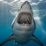 Un primo piano ravvicinato della bocca spalancata di un grande squalo bianco che mostra file multiple di denti affilati