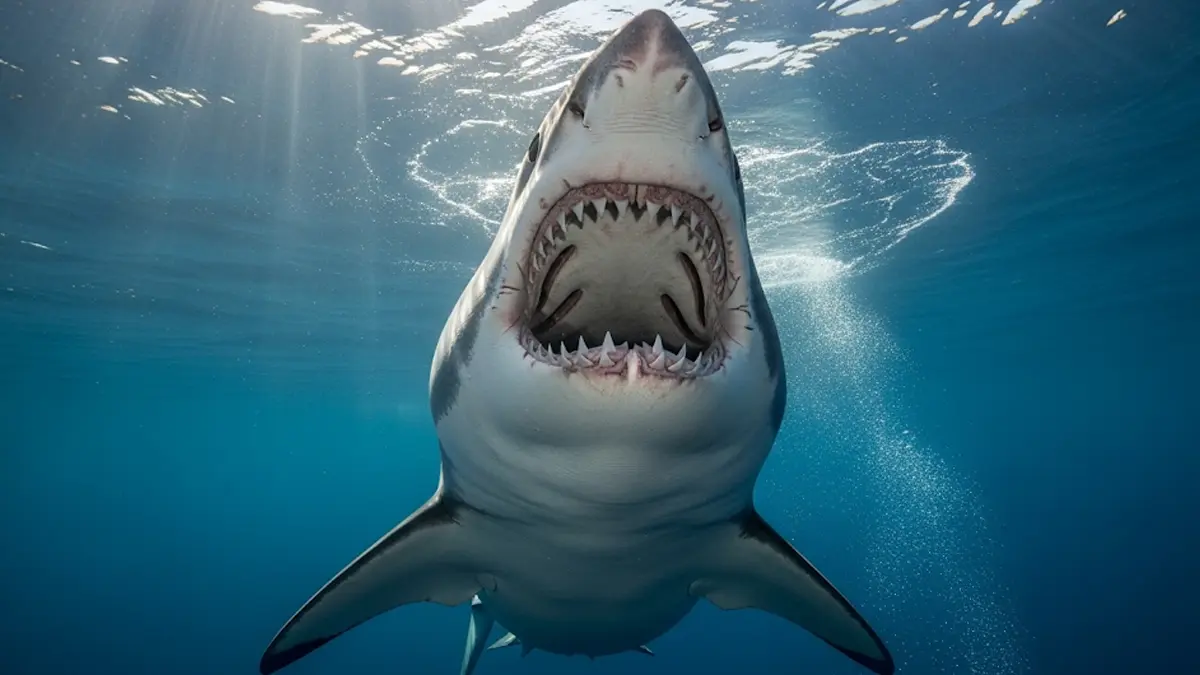 Un primo piano ravvicinato della bocca spalancata di un grande squalo bianco che mostra file multiple di denti affilati