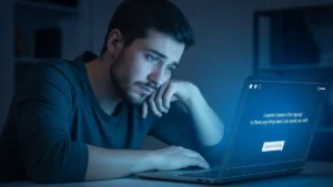 Un utente frustrato guarda lo schermo di un computer con il logo di ChatGPT