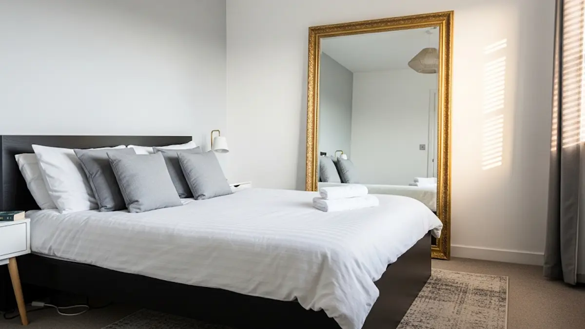 Una camera da letto elegante con un grande specchio antico di fronte al letto
