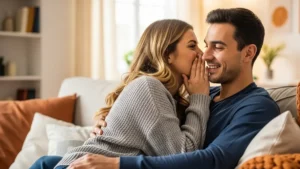 Una coppia giovane e sorridente seduta su un divano accogliente in un ambiente domestico