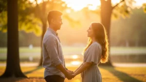 Una coppia sorridente si tiene per mano in un parco al tramonto