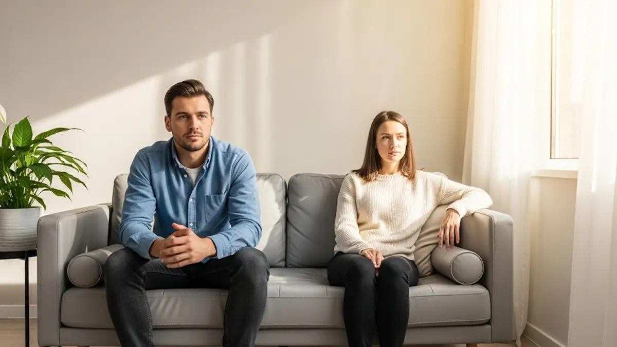 Una coppia un uomo e una donna seduti su un divano moderno