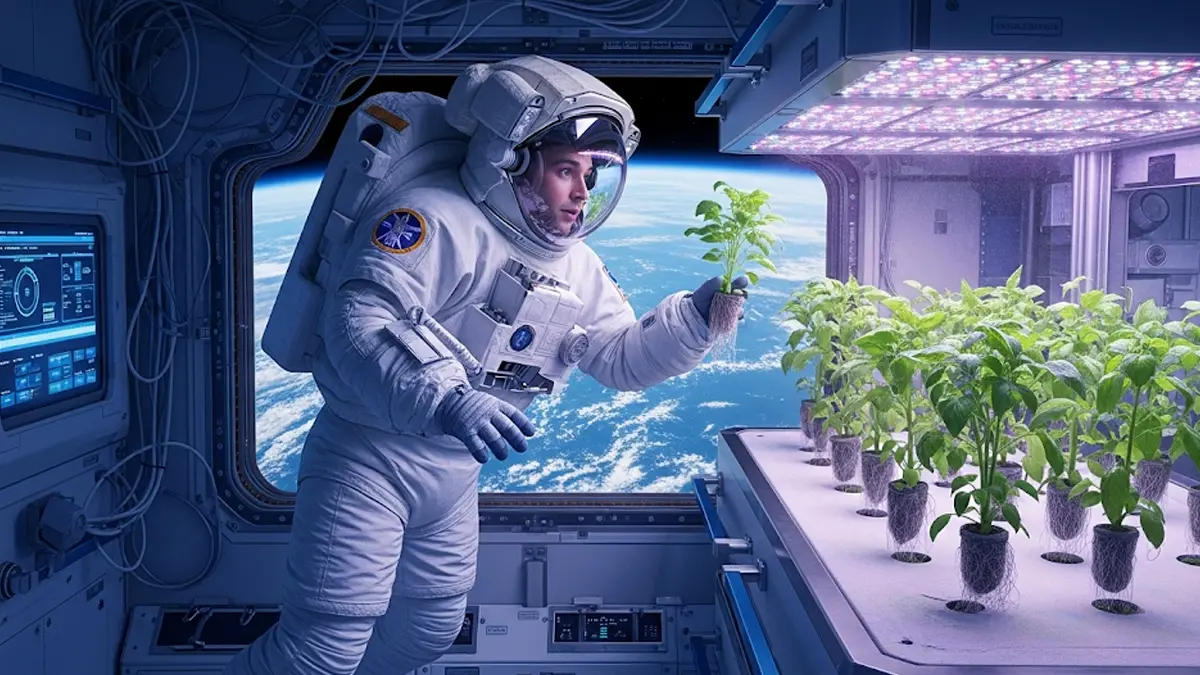 Una foto realistica o semi-realistica che mostra un astronauta in una tuta spaziale leggera