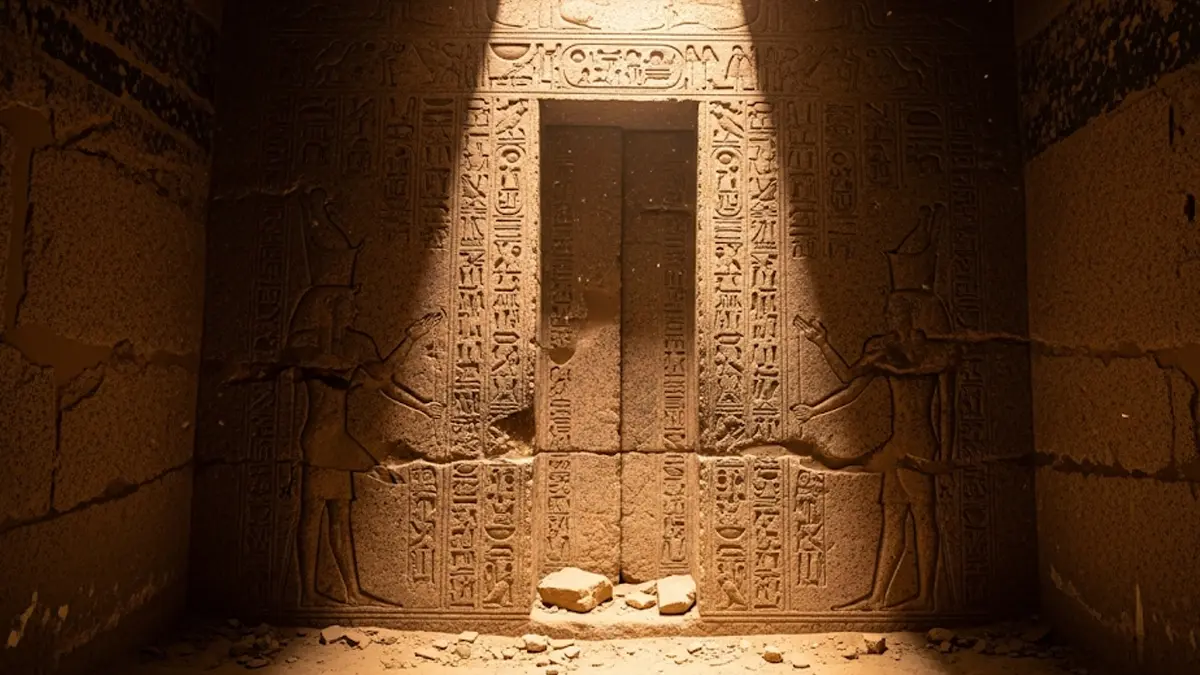 Una fotografia iperrealistica di una antica tomba egizia a Saqqara