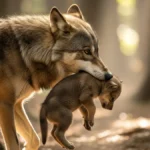 Una lupa madre dal pelo folto e grigio con un espressione protettiva e gentile