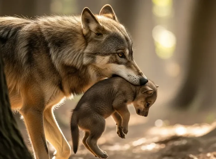 Una lupa madre dal pelo folto e grigio con un espressione protettiva e gentile