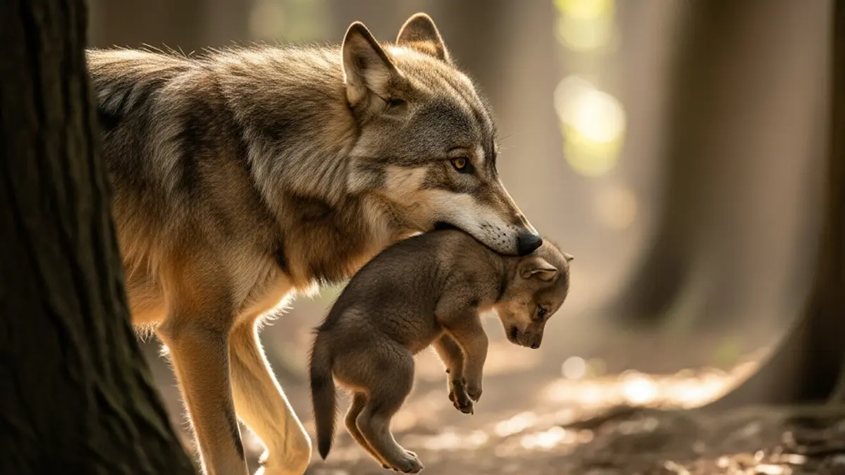 Una lupa madre dal pelo folto e grigio con un espressione protettiva e gentile