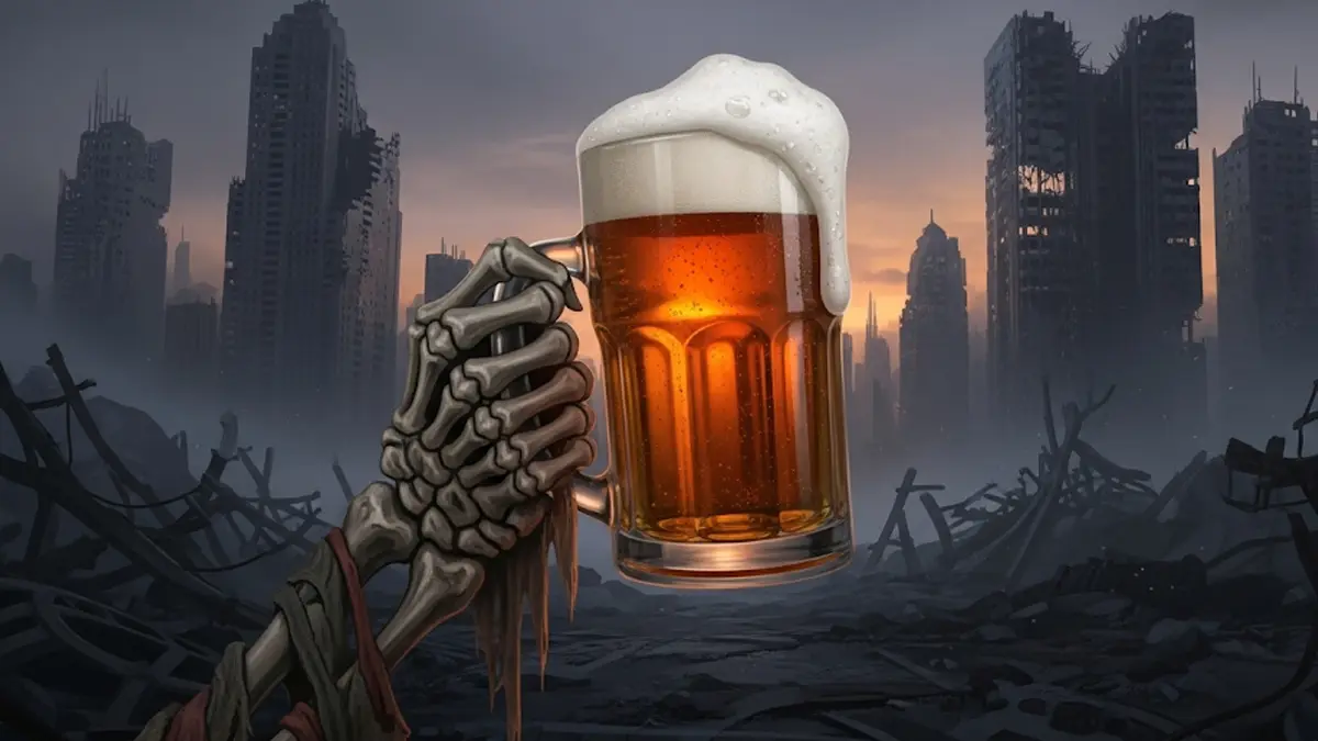 Una mano scheletrica con un bicchiere di birra schiumosa