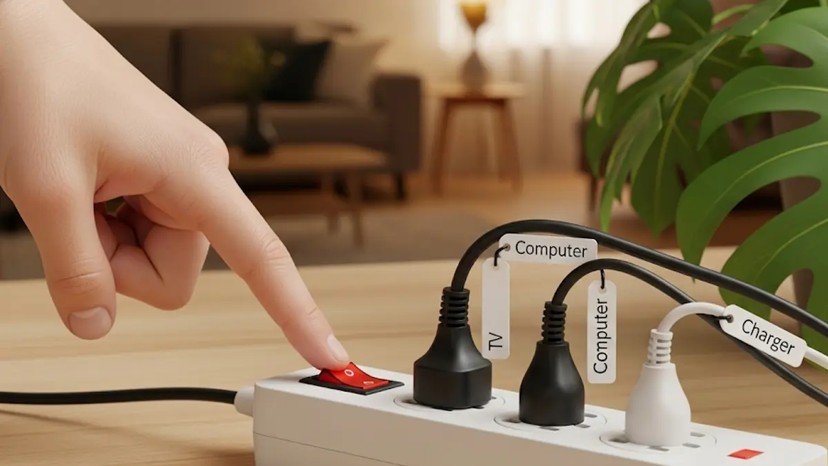 Una mano spegne un interruttore di una presa multipla a cui sono collegati diversi dispositivi elettronici