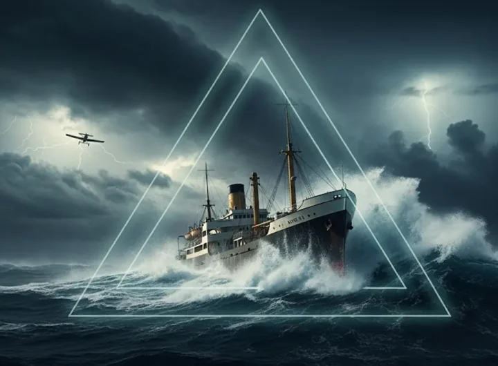 Una nave mercantile del XX secolo naviga in un mare molto mosso sotto un cielo scuro e tempestoso