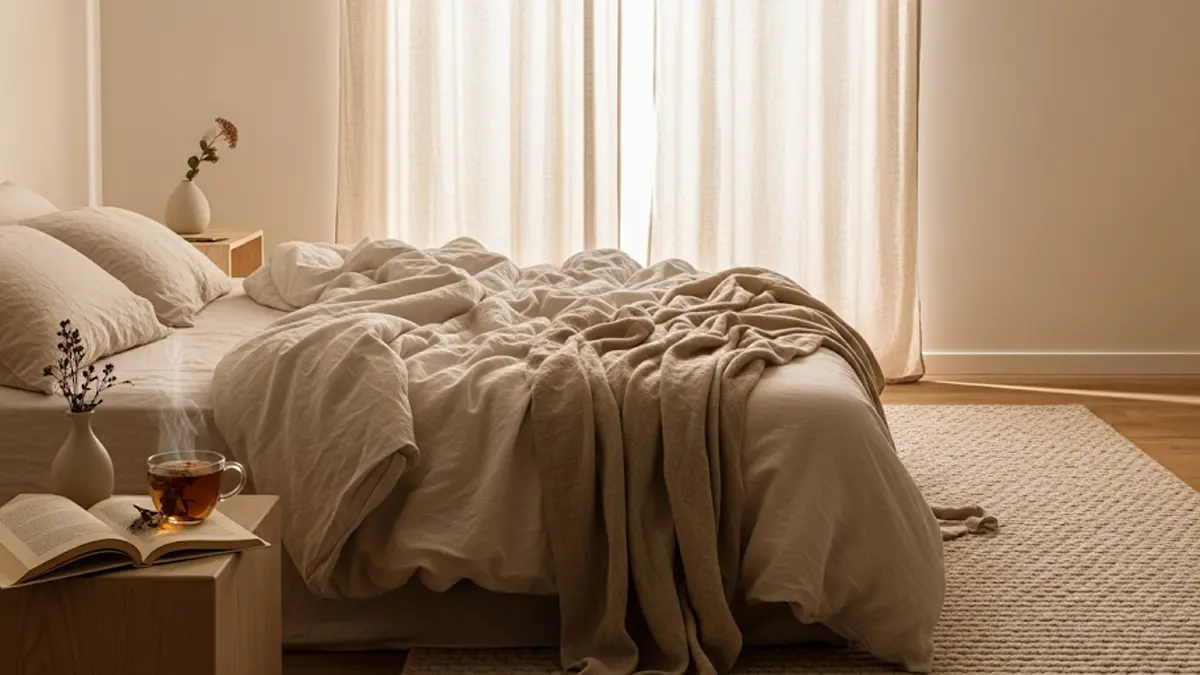 Una persona che dorme serenamente in una camera da letto accogliente e poco illuminata