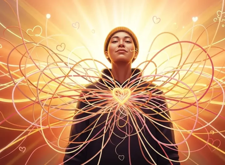 Una persona con un espressione serena e sicura di sé circondata da linee che rappresentano legami