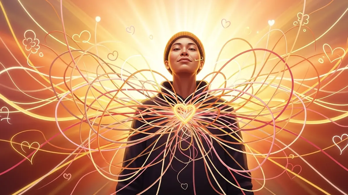 Una persona con un espressione serena e sicura di sé circondata da linee che rappresentano legami
