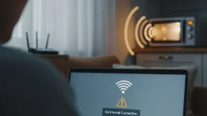 Una persona frustrata guarda il simbolo del Wi-Fi debole sul proprio laptop