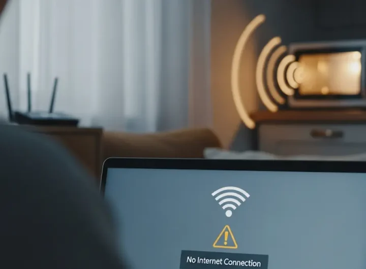 Una persona frustrata guarda il simbolo del Wi-Fi debole sul proprio laptop