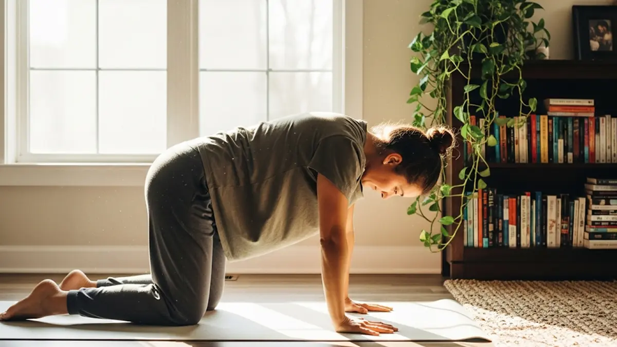 Una persona in abiti comodi pratica la posizione del Gatto-Mucca su un tappetino da yoga