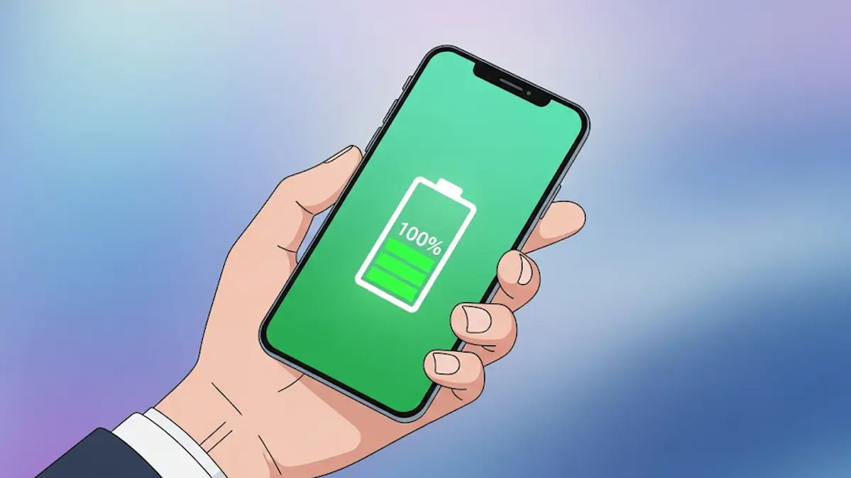 Una persona tiene in mano uno smartphone con un icona di batteria verde