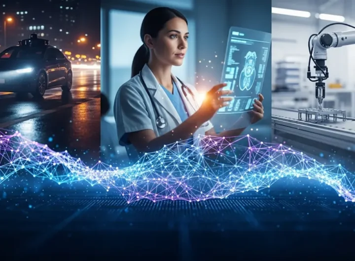 Una rappresentazione grafica stilizzata che mostra una rete neurale luminosa sovrapposta a scene di vita quotidiana