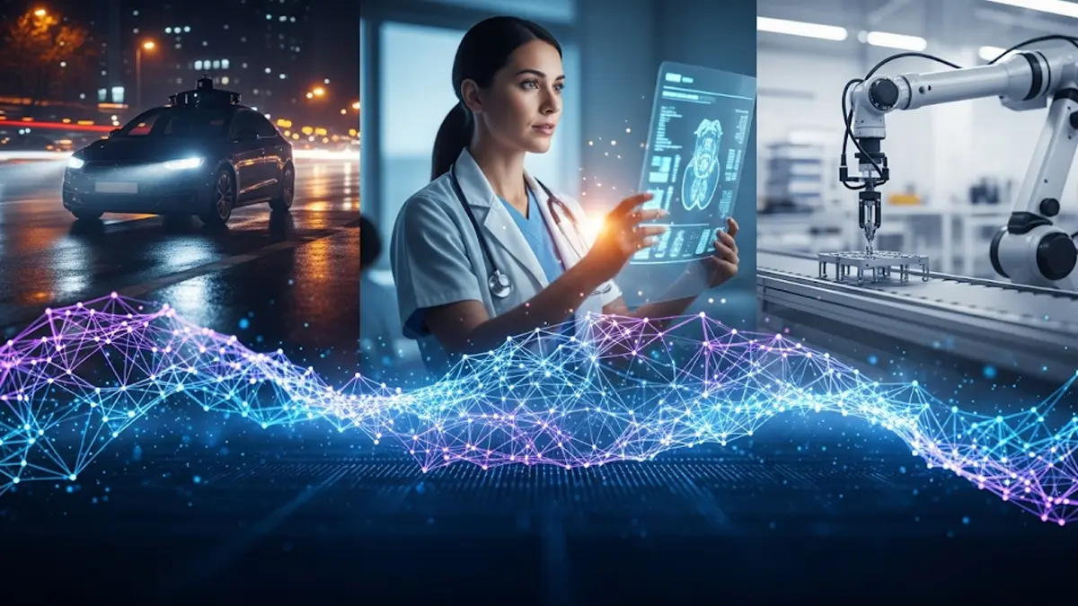 Una rappresentazione grafica stilizzata che mostra una rete neurale luminosa sovrapposta a scene di vita quotidiana