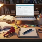 Una scrivania di uno studente piena di libri