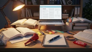 Una scrivania di uno studente piena di libri