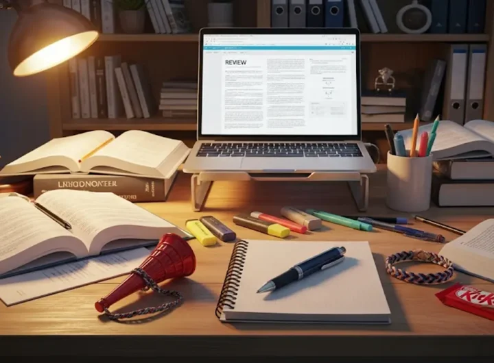 Una scrivania di uno studente piena di libri