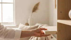 Una scrivania ordinata e minimalista con una pianta verde