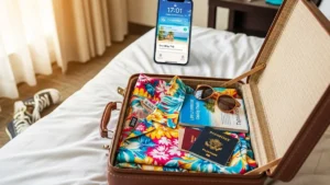 Una valigia aperta su un letto con sullo sfondo uno smartphone