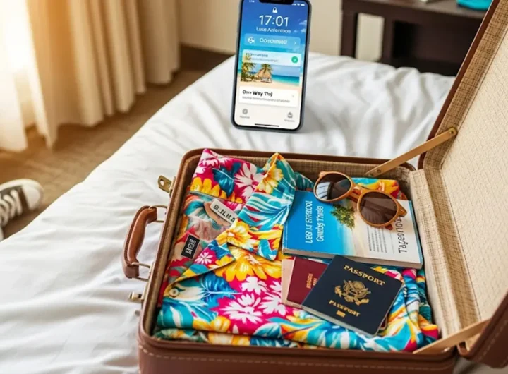 Una valigia aperta su un letto con sullo sfondo uno smartphone