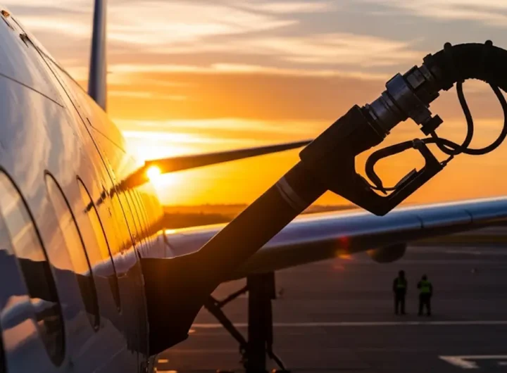 ala di un aereo di linea al tramonto durante le operazioni di rifornimento