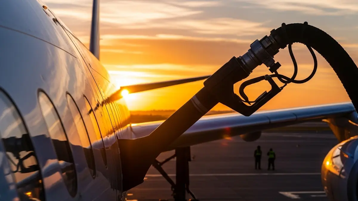 ala di un aereo di linea al tramonto durante le operazioni di rifornimento