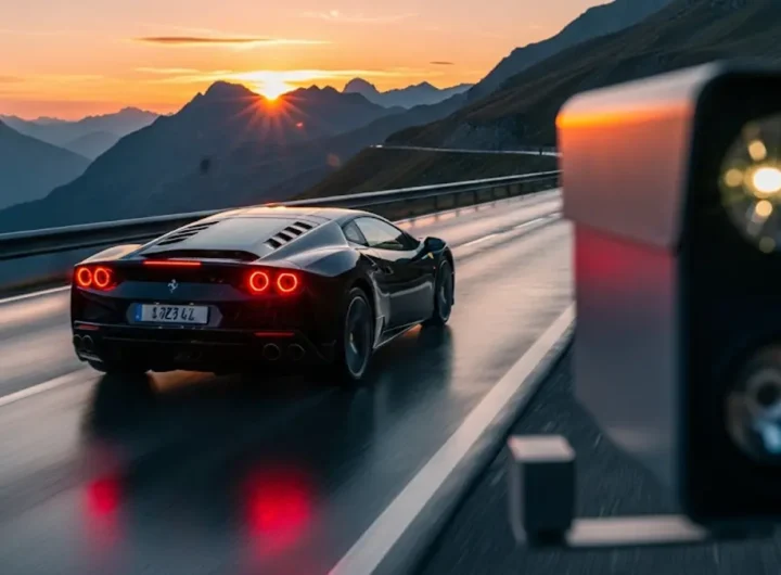 auto sportiva di lusso di colore scuro vista posteriore che sfreccia su una strada di montagna svizzera al tramonto