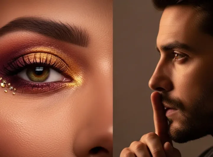 da un lato il primo piano di un occhio femminile con un trucco artistico e curato da altro il profilo di un uomo