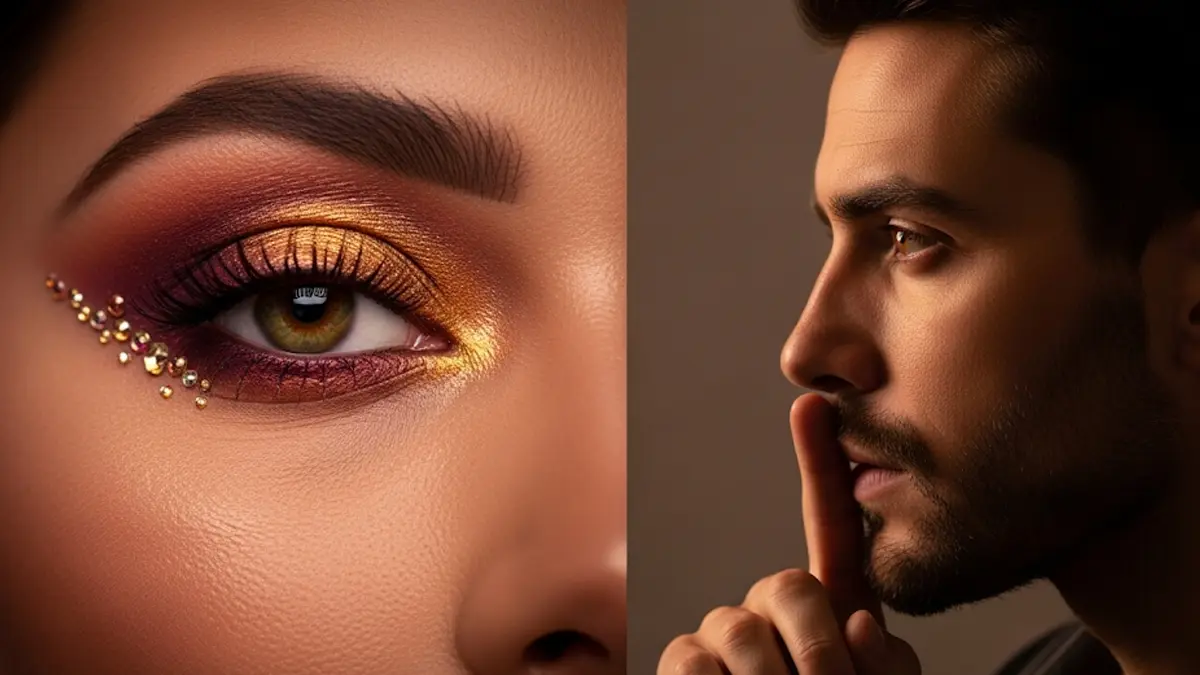 da un lato il primo piano di un occhio femminile con un trucco artistico e curato da altro il profilo di un uomo