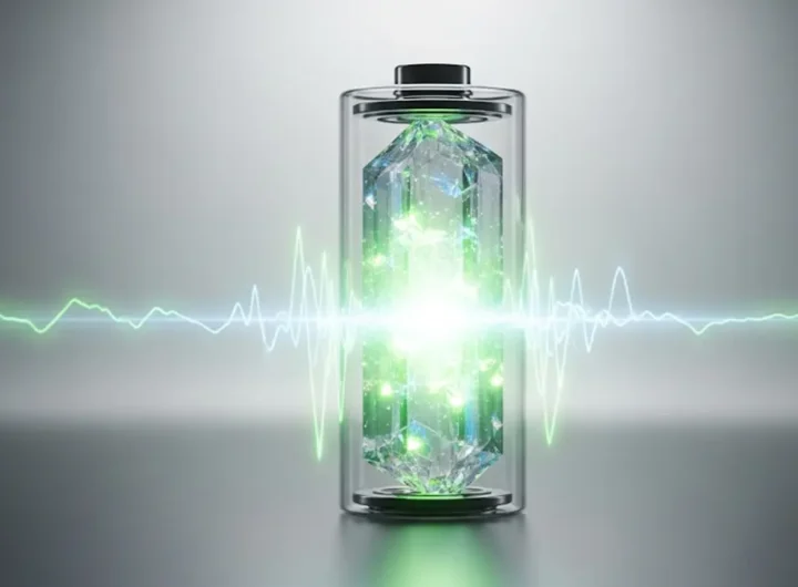 illustrazione stilizzata che mostra una batteria a forma di foglia verde luminosa