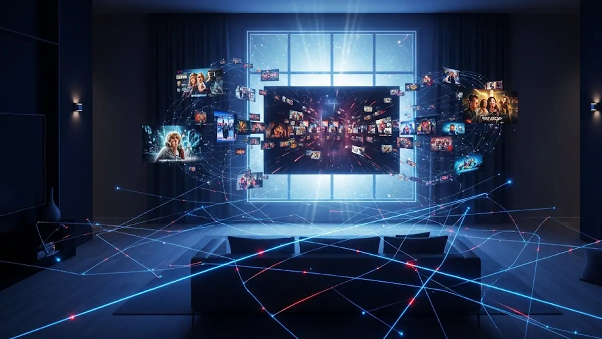 immagine che mostra un divano accogliente di fronte a un televisore che proietta il logo di Netflix