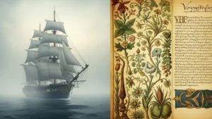 immagine composita che mostra da un lato una nave antica avvolta nella nebbia